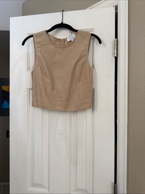 Paris Atelier Khaki Tan Sleeveless Crop Top Full Zip Back Neutral Tailored Fit